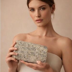 Mary Frances Vintage Silver Beaded Evening Clutch Formal Wedding Party Bag